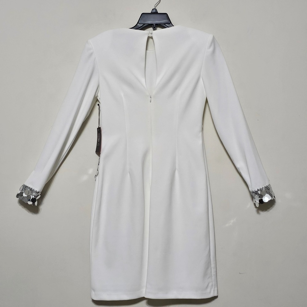 Vince Camuto Dress 6 Fits Small White Round‎ Neck Long Sleeves Sequin Slit  0756 - Picture 10 of 14